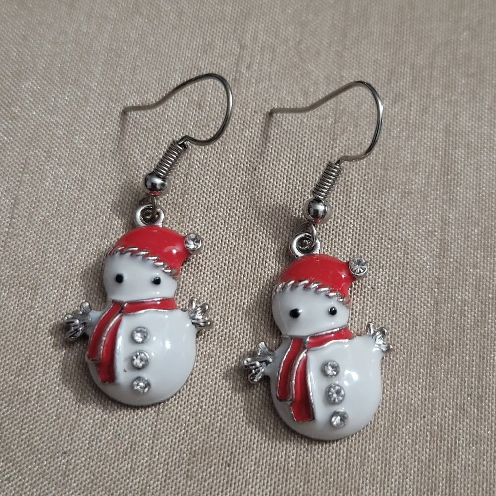 snowman enamel earrings, red hat & crystal buttons, festive Christmas earrings